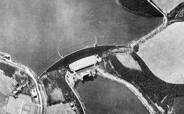 An RAF reconnaissance photo of the Möhne Dam. Note the torpedo nets above the dam. (Royal Air Force)